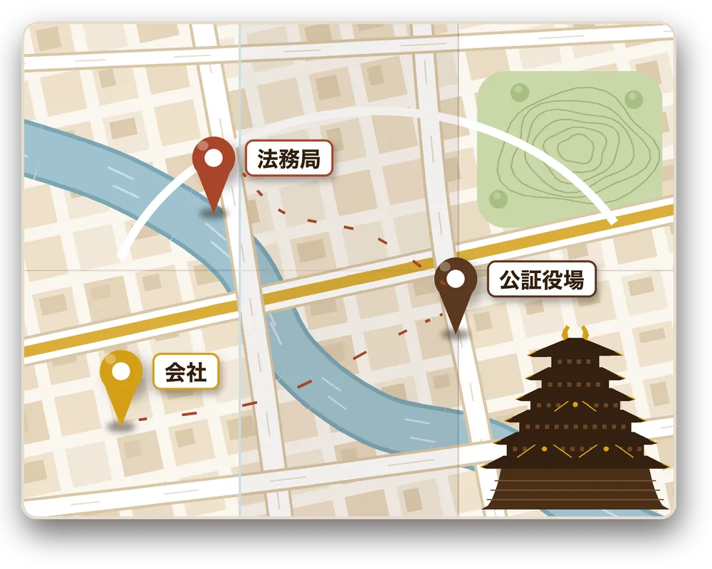 川と幹線道路が通る街の地図に「法務局」「公証役場」「会社」の3本のピンが立ち、隅に名古屋城の天守のシルエットを描いたイラスト（位置関係は実際の地理ではありません）