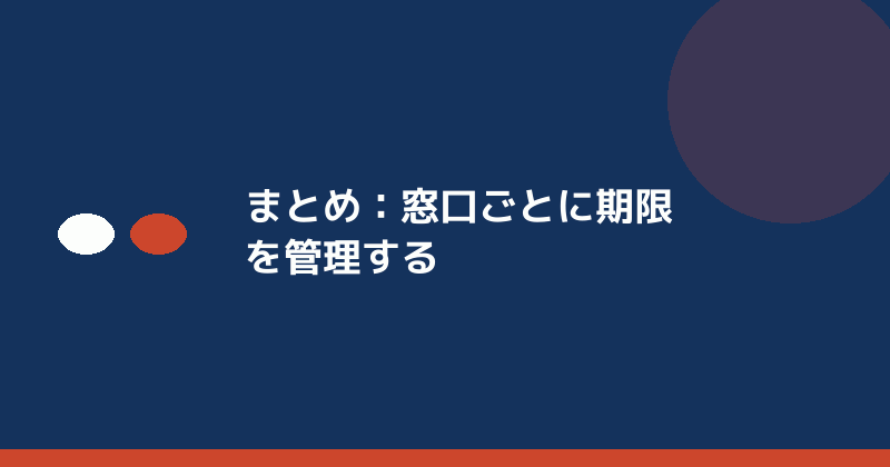 まとめとして窓口ごとの期限管理の重要性を示すイラスト